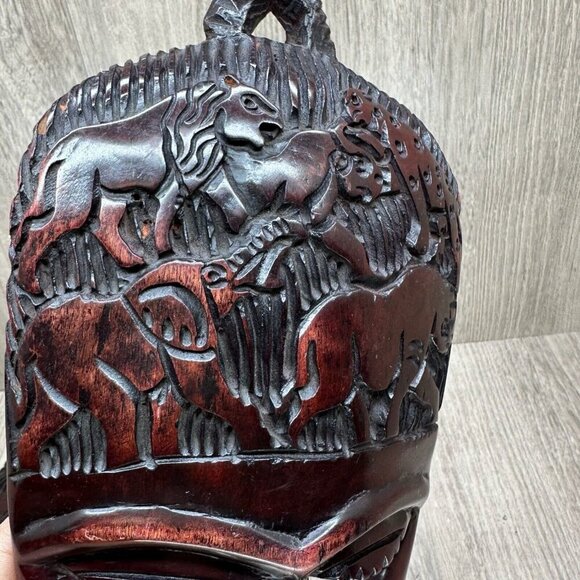 Vintage Wall Hanging Decorative Hand Carved Wood African Tribal Masks Pair Brown - Picture 8 of 13